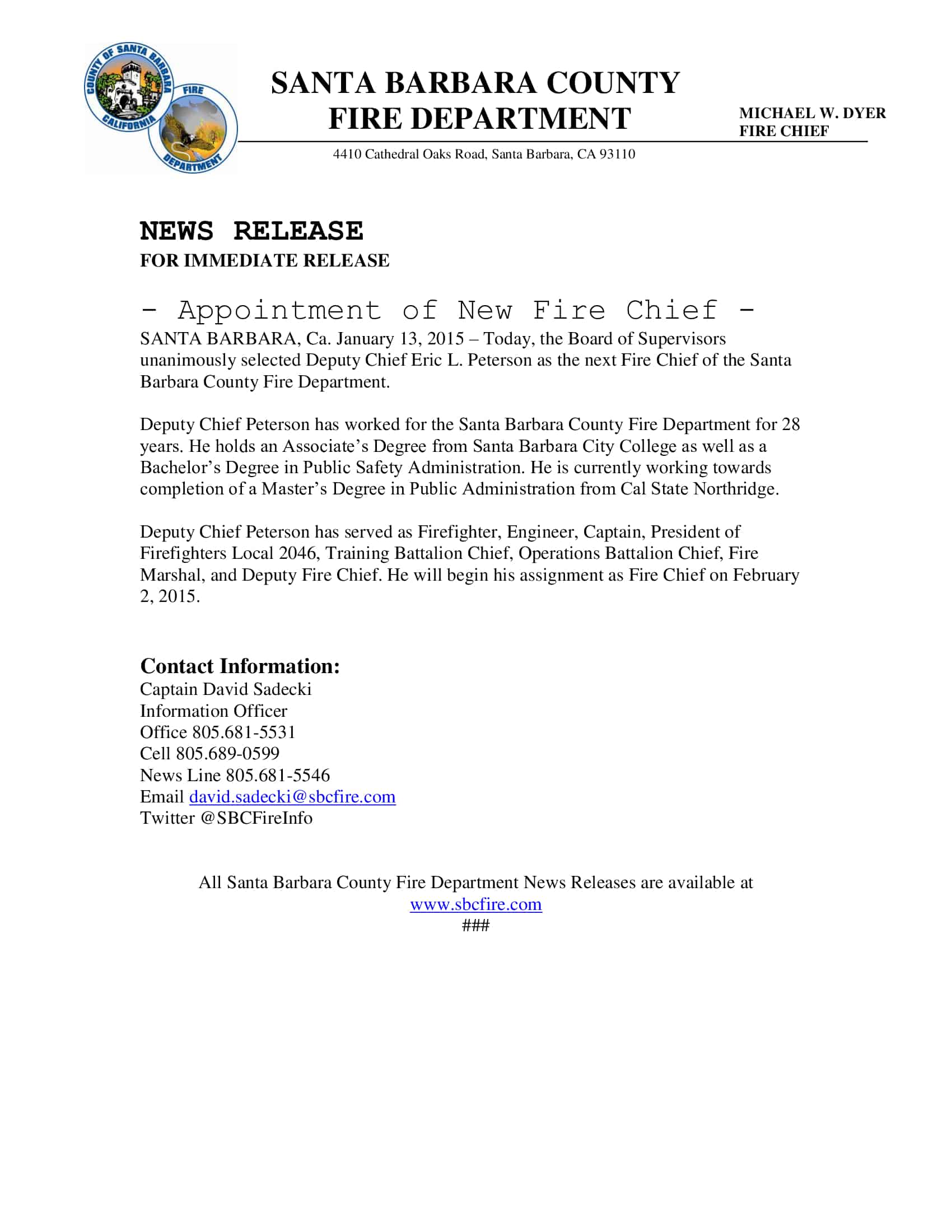 Appointment of New Fire Chief