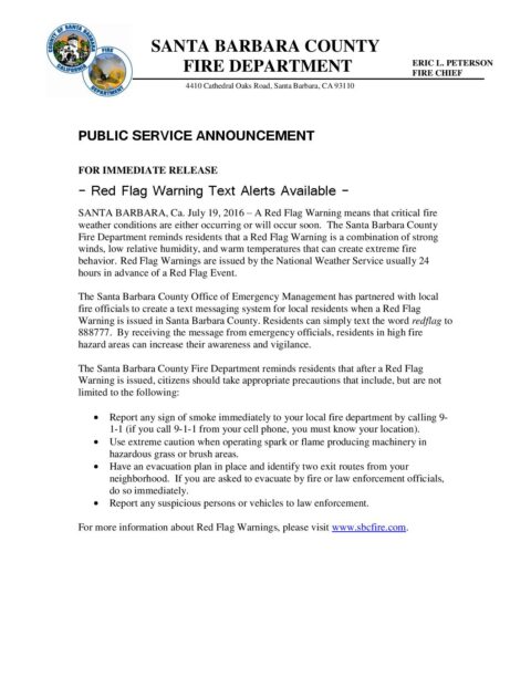 PSA Red Flag Warning Text Alert - Santa Barbara County Fire Department